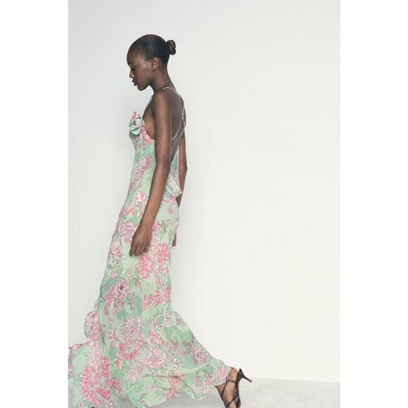 Zara Chiffon Floral Maxi Dress Blogger Fav Wedding Guest Size XL - Picture 2 of 11